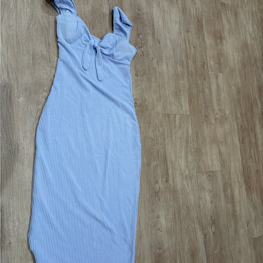 5/$25 Light Blue Ribbed Midi Dress with Tie Front